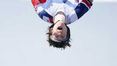 Great Britain's Charlotte Worthington on her way to winning gold in the women's BMX freestyle at the Ariake Urban Sports Park in Tokyo.