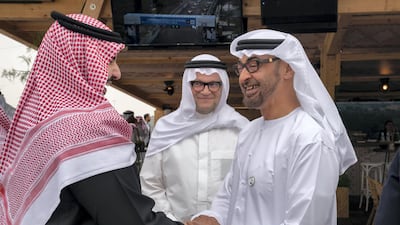 Sheikh Mohamed bin Zayed attends the final day of the 2018 Formula E Saudi Ad Diriyah E-prix.