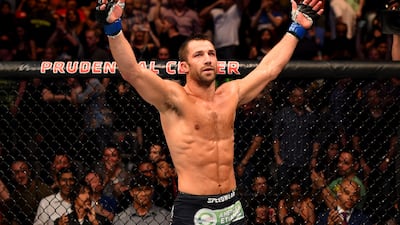 Luke Rockhold celebrates defeating Lyoto Machida of Brazil at the UFC Fight Night event at Prudential Center on April 18, 2015, in Newark, New Jersey. Getty Images