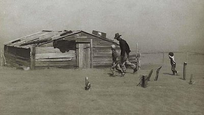 The livelihood-destroying storms in the so-called ‘Dust Bowl’ of 1930s America were a big influence on Woody Guthrie’s music, providing a theme that he returns to several times during his box-set American Radical Patriot. Universal History Archive / Getty Images