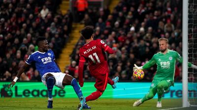 Liverpool's Mohamed Salah sees his shot saved by Leicester goalkeeper Kasper Schmeichel. PA