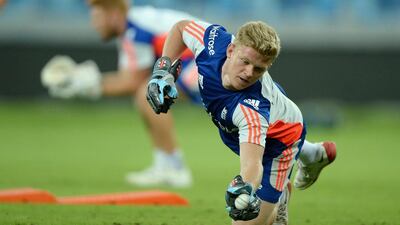 Sam Billings keeps wicket during a nets session. Gareth Copley / Getty Images