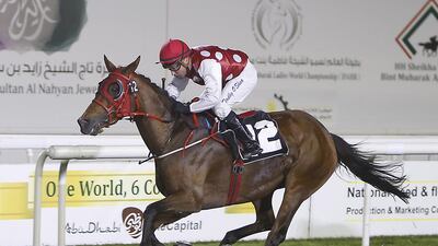 Tadhg O’Shea rode Deyaar in the third race and Mahbooba, above, in the fourth race to victory on Sunday night at the Abu Dhabi Equestrian Club. Ravindranath K / The National