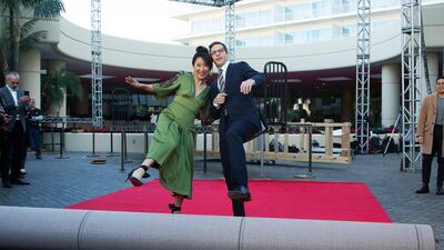 Sandra Oh and Andy Samberg roll out the red carpet at the 76th Annual Golden Globe Awards Preview Day at The Beverly Hilton. AP