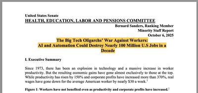 US Senator Bernie Sanders issued a report warning of job losses fuelled by artificial intelligence.