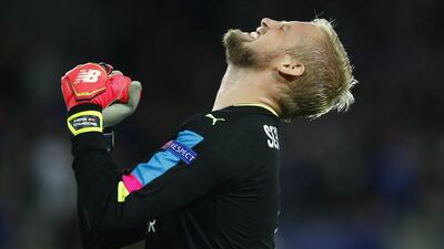 Leicester City’s Kasper Schmeichel celebrates after Islam Slimani scores their first goal. Eddie Keogh / Reuters