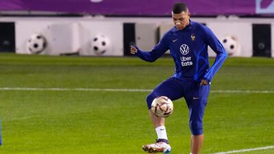 France's Kylian Mbappe during training session in Doha. AP