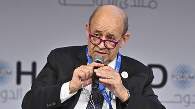French Foreign Minister Jean-Yves Le Drian speaks at the Doha Forum in Qatar on March 27. EPA