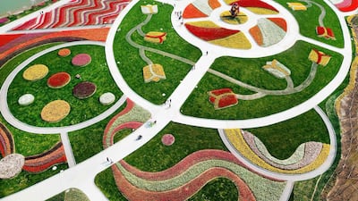An aerial view of a park decorated with different coloured flowers in Nantong in China's Jiangsu province. AFP
