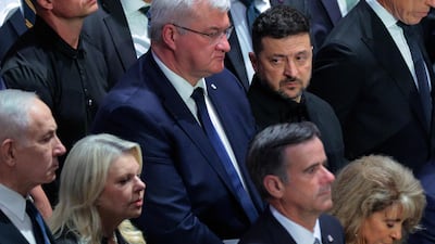 Ukraine President Volodymyr Zelensky and Israeli Prime Minister Benjamin Netanyahu attend the funeral for the late US Senator Lindsey Graham at The Washington National Cathedral in Washington, DC. AFP
