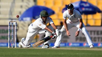 Pakistan’s Younis Khan plays a shot during the first day of first Test against England on Tuesday in Abu Dhabi. Hafsal Ahmed / AP