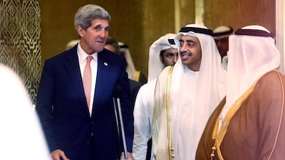 US secretary of state John Kerry and UAE Foreign Minister Abdullah bin Zayed arrive to attend the joint meeting between GCC foreign ministers and the US in Doha on August 3. EPA