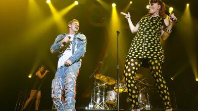 The show was propelled by the sheer chemistry between the twin vocalist Jake Shears and Ana Matronic, who worked the crowd like old pros.