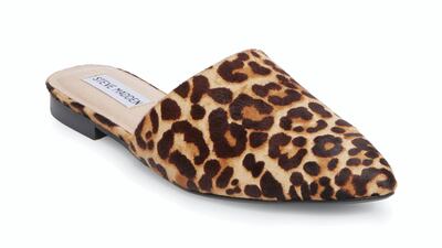 Pointed slides are the easiest way to look polished. With frayed-edge jeans, with a maxi dress, or even a dressier evening look, a splash of leopard print always works; Dh299, Steve Madden