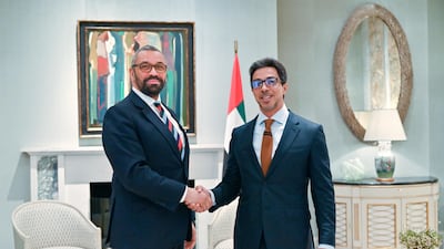 Sheikh Mansour bin Zayed, the UAE’s Vice President, Deputy Prime Minister and Minister of the Presidential Court, right, meets UK Foreign Secretary James Cleverly. WAM