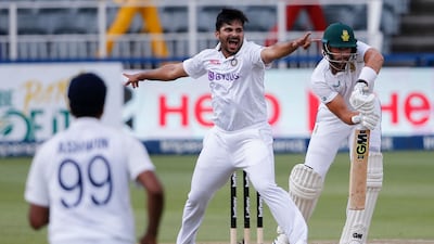 India's Shardul Thakur successfully appeals for the wicket of South Africa opener Aiden Markram who hit 31. AFP