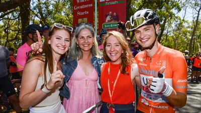Jay Vine with his wife Bre, mother Carolyn and sister Lily after winning the Tour Down Under. AFP