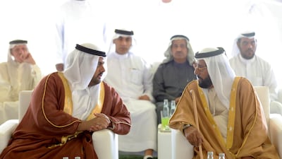 Sheikh Mohammed bin Hamad Al Sharqi, Crown Prince of Fujairah, talks to Sheikh Tahnoun bin Mohammed, the Abu Dhabi Ruler’s Representative in the Eastern Region, at the mass wedding in Abu Dhabi. Wam