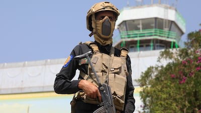 A Houthi fighter on patrol at Sanaa International Airport. EPA
