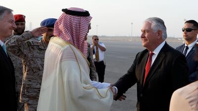US secretary of state Rex Tillerson is greeted as he arrives at the King Salman Air Base in Riyadh on October 21, 2017. Alex Brandon / AP
