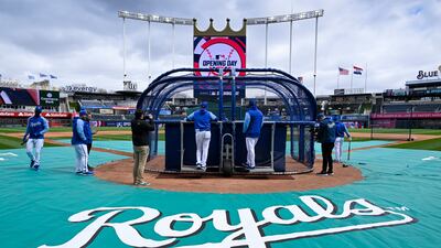 The Kansas City Royals take batting practice before their opening day baseball game against the Cleveland Guardians in Kansas City, Missouri. AP