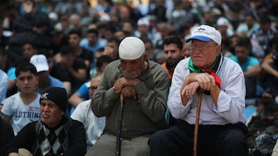 Elderly Palestinians praying near the Gaza border were boys during the Nakba. Spencer Platt / Getty