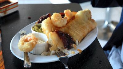 Battered cod and mushy peas at The Chippy on Reem Island, Abu Dhabi