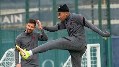 Lionel Messi and Kylian Mbappe train at the PSG training ground. AP