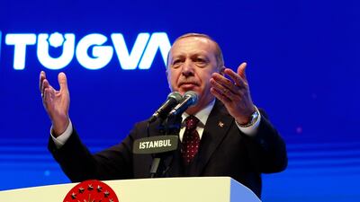 Turkey's President Recep Tayyip Erdogan addresses a meeting of a youth organisation founded by his son Bilal Erdogan in Istanbul. AP