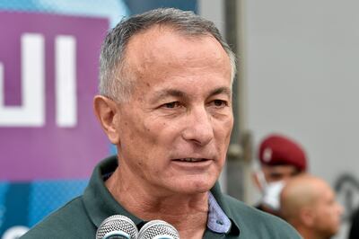 Chamel Roukoz, the son-in-law of Lebanese President Michel Aoun, speaks at an anti-government protest. EPA