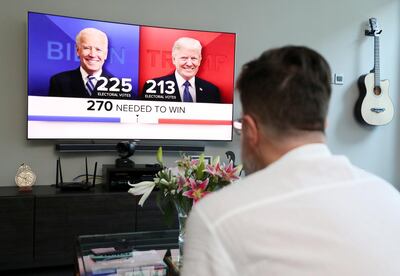 Democrats Abroad member Orlando Vidal watches the election coverage at home in Dubai. Chris Whiteoak / The National