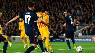 Luis Suarez of Barcelona (9) scores their first and equalising goal during the Uefa Champions League quarter final first leg match between FC Barcelona and Atletico Madrid at Camp Nou on April 5, 2016 in Barcelona, Spain. (Photo by David Ramos/Getty Images)