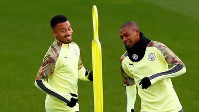 Manchester City's Fernandinho and Gabriel Jesus during training. Reuters