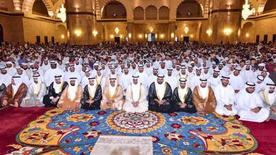 Sheikh Hamad bin Mohammed Al Sharqi, Ruler of Fujairah and Sheikh Mohammed bin Hamad, Crown Prince of Fujairah at the Grand Sheikh Zayed Mosque. WAM