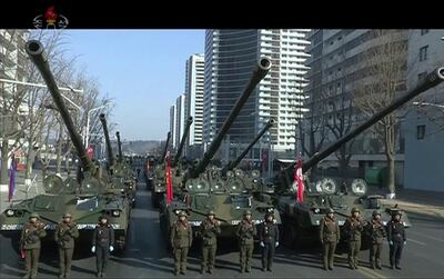 Military tanks are seen during a parade in Pyongyang, North Korea. KRT / via AP Video