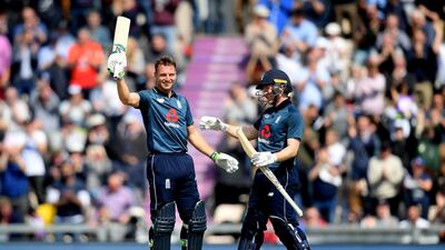 England wicketkeeper-batsman Jos Buttler, left, was in scintillating form against Pakistan on Saturday. Alex Davidson / Getty Images