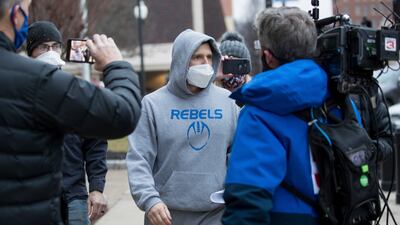 Former West Virginia Republican state delegate Derrick Evans exits a US courthouse on January 8, 2021. AP