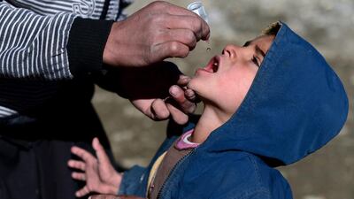 An Afghan health worker administers polio vaccine drops to a child in Kabul on February 11. Afghanistan launched an emergency polio vaccination campaign in Kabul after a girl contracted the disease, the city's first case since the Taliban were ousted in 2001. Wakil Kohsar / AFP