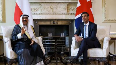 Britain's Prime Minister Rishi Sunak meets Kuwait's Crown Prince Sheikh Meshal Al Ahmad Al Sabah at 10 Downing Street in London. AFP