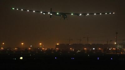 Solar Impulse 2 prepares to land in Muscat, completing the opening leg of a bid for the first solar-powered flight around the world. It touched down about 13 hours after taking off from Abu Dhabi. Mohammed Mahjoub / AFP