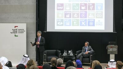 Jeffrey Sachs, the leading economist and special adviser to the UN Secretary-General on the Millennium Development Goals in Emirates Diplomatic Academy, speaks in Abu Dhabi. Mona Al Marzooqi / The National