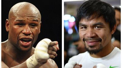 Floyd Mayweather Jr, left, and Manny Pacquiao, right, are set to break pay-per-view records when they face each other in Las Vegas on May 2. Joe Klamar / AFP