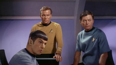 Leonard Nimoy as Spock, William Shatner as Captain James T Kirk and DeForest Kelley as Dr McCoy in the original Star Trek TV series, which began in 1966. Getty Images