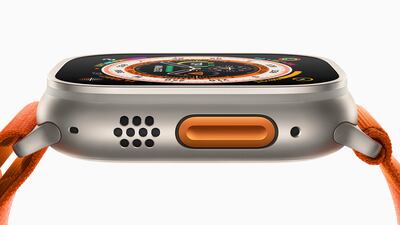 Apple Watch Ultra features a new, customisable action button in high-contrast international orange that gives users quick physical control over a range of functions. Photo: Apple