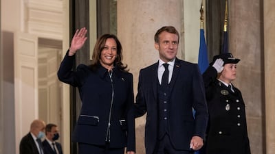 US Vice President Kamala Harris with French President Emmanuel Macron at the Elysee Palace in Paris on Wednesday. Reuters