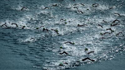 Athletes compete in the ETU Sprint Triathlon European Cup event in Barcelona, Spain, on Sunday, October 25. EPA