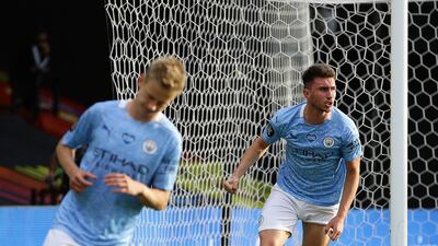 Aymeric Laporte, right, celebrates after scoring his side's fourth goal. AP