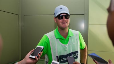 Caddie David Buhai talks to reporters after proposing to his girlfriend, European Tour player Ashleigh Simon on Saturday at the Dubai Ladies Masters. Tristan Jones / European Tour