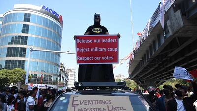 A protester dressed in a batman outfit takes part in a demonstration against the military coup in Myanmar this week. AFP