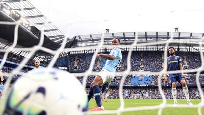 Raheem Sterling of Manchester City scores his team's third goal during the Premier League match between Manchester City and Fulham - their 34th unbeaten match in a row against promoted teams at the Etihad Stadium. Getty Images